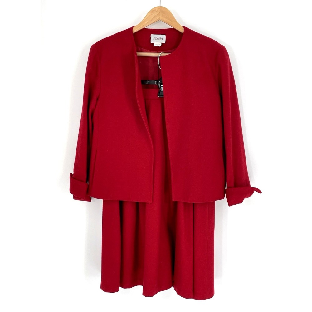 Vintage Ashley Women Size 16 Skirt Suit 100% Wool Red‎ Christmas Full Skirt USA